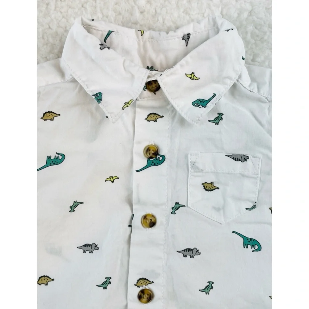 CARTER’S • White/Multi Dinosaur Print Button-Down Short Sleeve Shirt, 3M